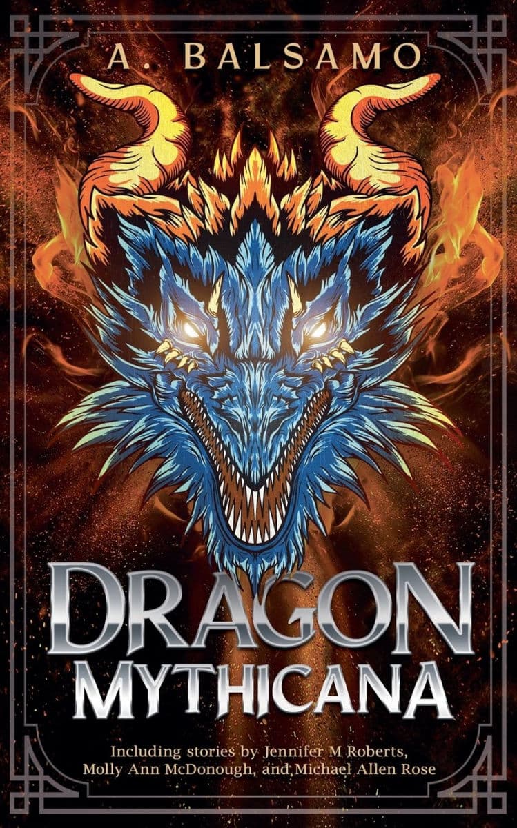 The book cover for Dragon Mythicana. It features a blue and gold dragon head with glowing eyes and sharp teeth.